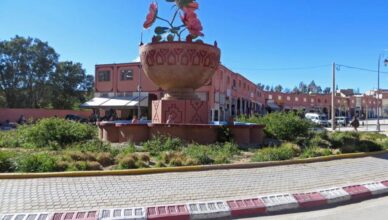 Edifici color rosa a Kelaat M'Gouna durante la Festa delle Rose in Marocco, con un enorme vaso decorativo colmo di rose sullo sfondo di alberi e un marciapiede circondato da piante verdi.
